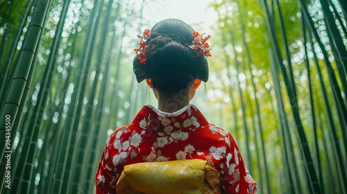 Woman in Traditional Japanese Clothing Standing in a Bamboo Forest