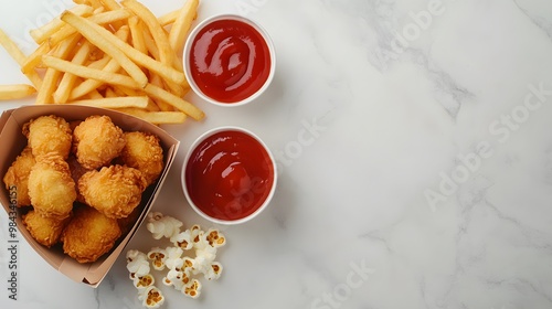 Wallpaper Mural An overhead view of fast food snacks on a white marble table, including golden french fries, crispy chicken nuggets, and buttered popcorn with contrasting textures and appetizing detail. Torontodigital.ca