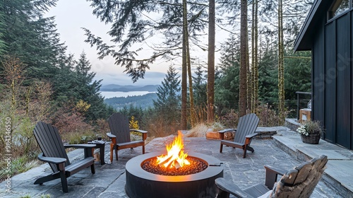 A fire pit on a patio with four chairs, overlooking a mountain range and a lake. photo