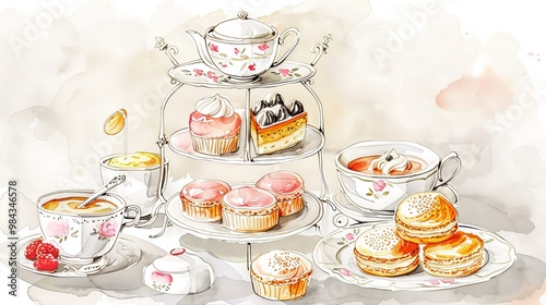 Illustration of Elegant high tea setup with assorted pastries and tea cups