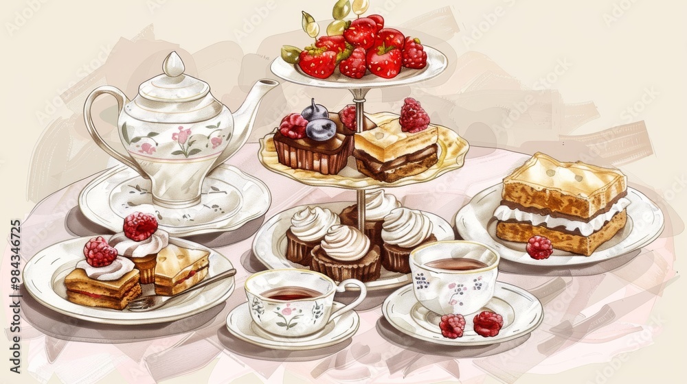 Illustration of Elegant high tea setup with assorted pastries and tea cups Illustration of Elegant high tea setup with assorted pastries and tea cups