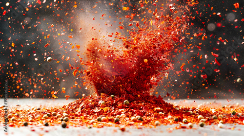 Fototapeta Naklejka Na Ścianę i Meble -  Red Chili Pepper Flakes Exploding in a Cloud of Spice and Flavor
