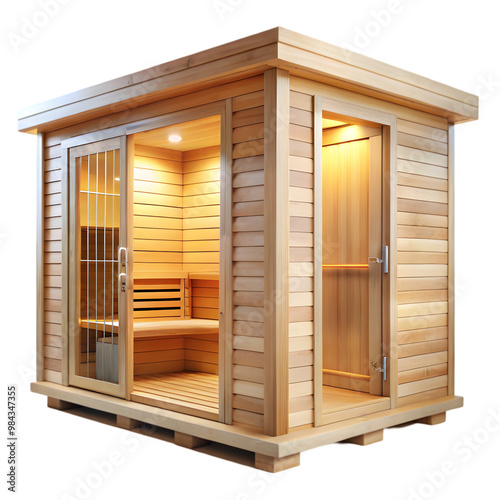 a wooden sauna cabin on transparent background