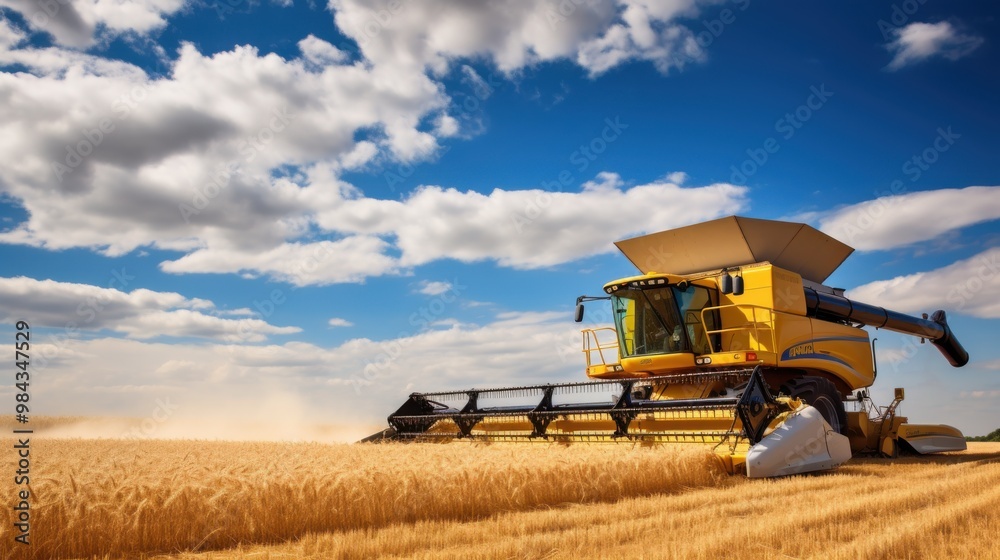 Fototapeta premium A gleaming yellow combine harvester maneuvers through a golden wheat field under a vast blue sky with scattered clouds, epitomizing modern agriculture.