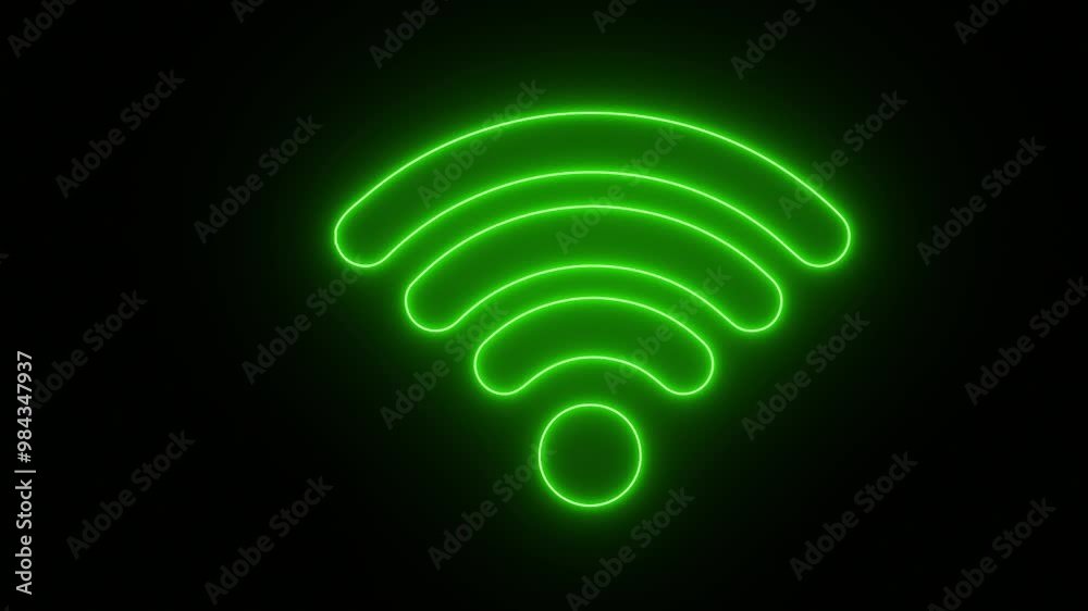 Neon glowing outline wifi icon animation on black background. The network is going up and down. Neon glowing outline wifi icon animation on black background. The network is going up and down.