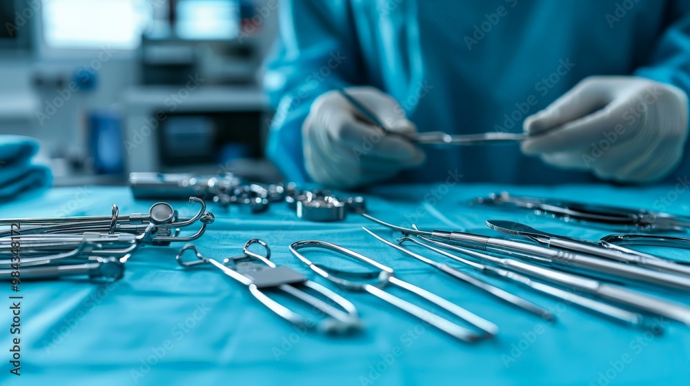 Naklejka premium A sterile operating room with advanced surgical instruments laid out, ready for a complex procedure, emphasizing precision and technology in medicine