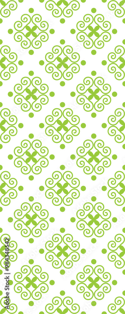 This image features a repeating pattern of intricate green designs on a white background, suitable for textiles or wallpaper. This image features a repeating pattern of intricate green designs on a white background, suitable for textiles or wallpaper.