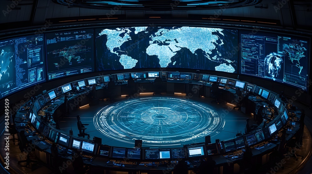Obraz premium High-tech circular command center, screens surrounding the room showing global data feeds, operators focused on different areas of world events and analytics