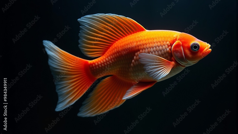 a goldfish with a large orange tail sits in an aquarium. a goldfish with a large orange tail sits in an aquarium.