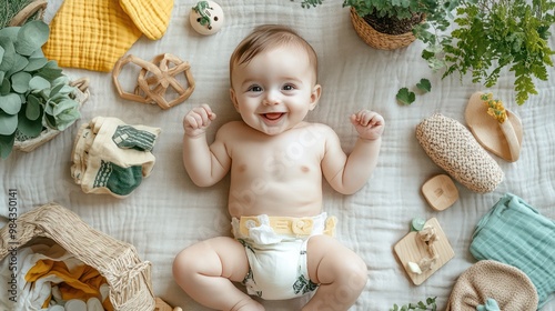 A baby surrounded by eco-friendly products, such as cloth diapers and wooden toys, in a sustainable home