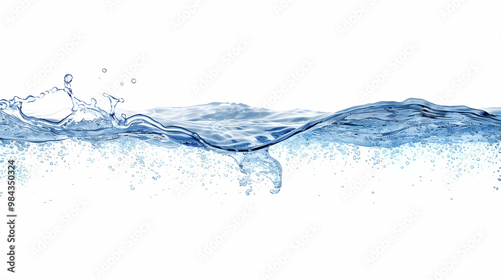 A Splashing Wave of Blue Water with Bubbles Rising from Beneath, Isolated on a White Background A Splashing Wave of Blue Water with Bubbles Rising from Beneath, Isolated on a White Background