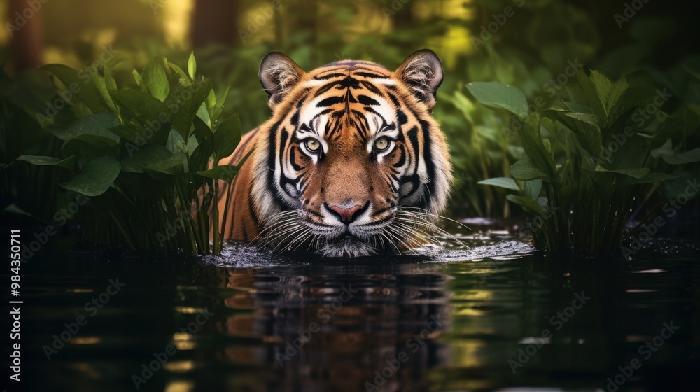 A majestic tiger wades through a tranquil body of water, surrounded by lush green foliage, exuding power and grace. A majestic tiger wades through a tranquil body of water, surrounded by lush green foliage, exuding power and grace.