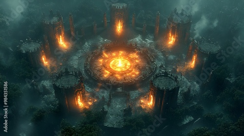 Aerial view of magical towers forming a ring, each glowing with unique sorcery, with a central courtyard featuring ancient magical runes and energy orbs