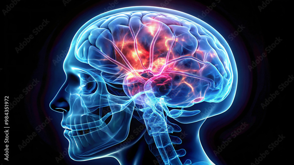 3D rendered illustration of a human brain x ray, glowing with blue light 3D rendered illustration of a human brain x ray, glowing with blue light