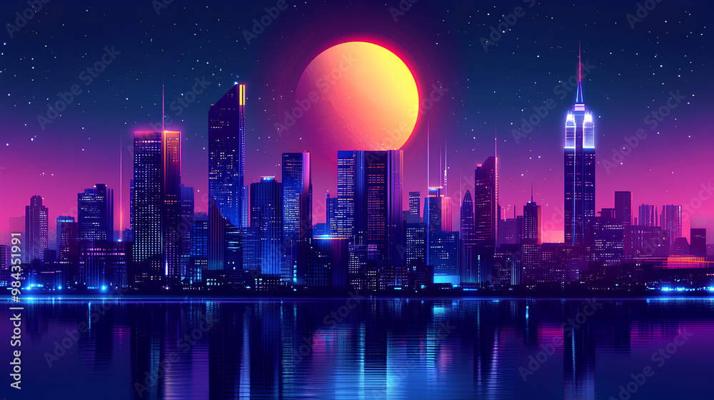 A vibrant city skyline at sunset, showcasing colorful lights and reflections on water.