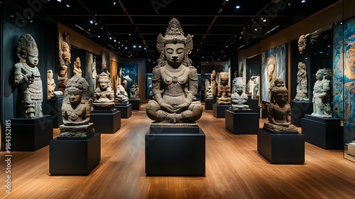 Art gallery featuring a ring of sculptures, each one representing a different cultural story, with subtle lighting highlighting the intricate craftsmanship