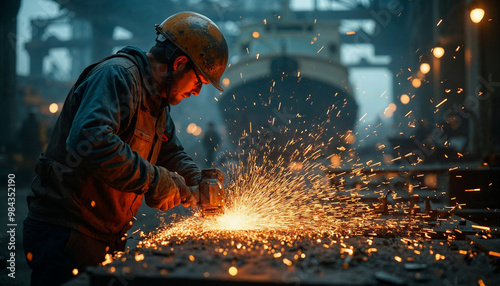 Worker cutting metal in a shipyard with dramatic sparks illuminating the dark surroundings.