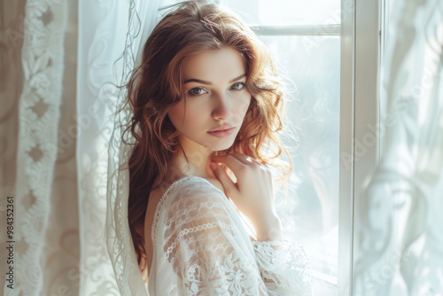 Soft morning light illuminates a young woman by the window, capturing a moment of serene contemplation