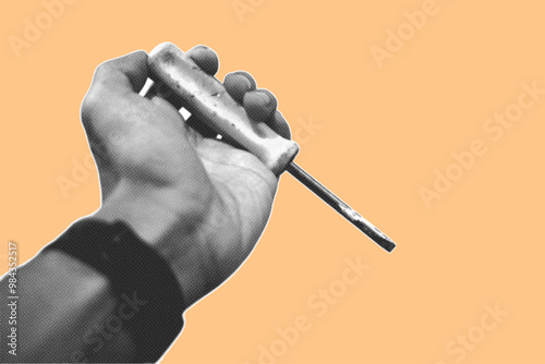 close up of hand holding screwdriver pixelate grayscale color halftone dotted texture style collage element isolated on orange background