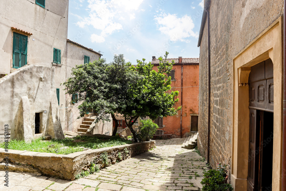Fototapeta premium Old town of Giglio Castello at Isola del Giglio, island of the tuscan archipelago, beautiful ancient rustico buildings and historical architecture, Grosseto Tuscany Italy
