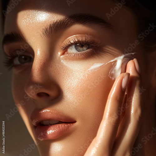 A close-up shot of an Asian woman's face, applying cream to her cheek with one hand 