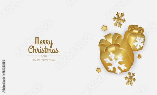 Happy New Year and Merry Christmas. Christmas holiday background with realistic 3d objects,gold and red bauble balls, conical metal stars. Levitation falling design composition.