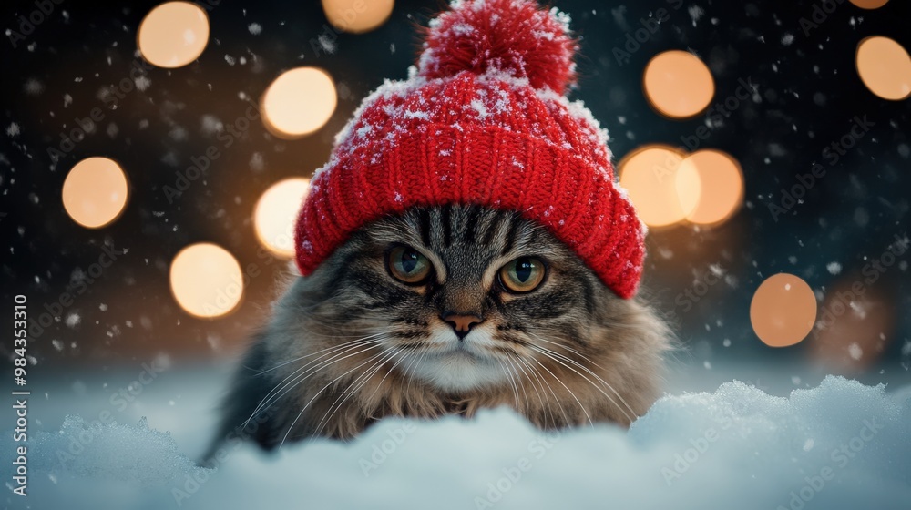 Grumpy Cat Wearing Red Winter Hat in the Snow with Bokeh Lights Grumpy Cat Wearing Red Winter Hat in the Snow with Bokeh Lights