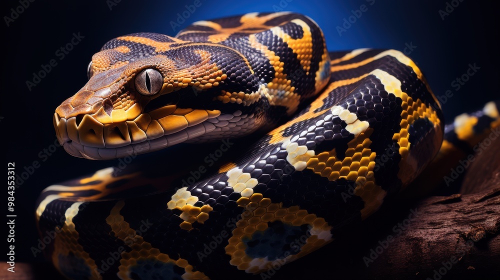 Obraz premium A close-up of a majestic snake with striking patterns and vibrant colors, coiled gracefully, showcasing its intricate scales and powerful presence.