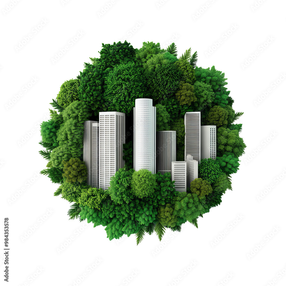 City buildings surrounded by lush green trees and vegetation.