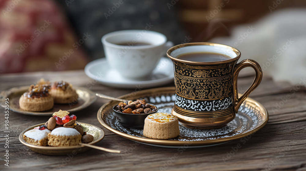 A traditional Turkish coffee set with a cezve, coffee cup, and a small plate of sweet delights. A traditional Turkish coffee set with a cezve, coffee cup, and a small plate of sweet delights.
