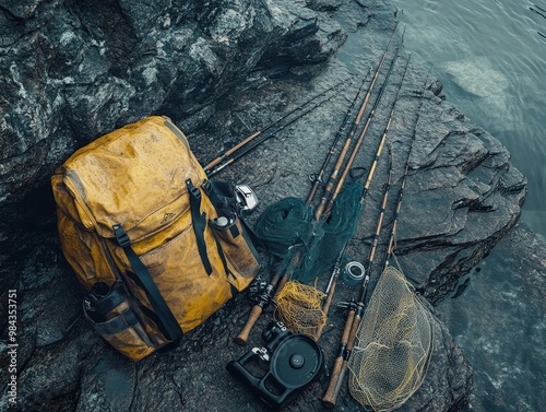 A vibrant fishing backpack with rods and gear placed on rocky terrain by the water, perfect for outdoor adventures. photo