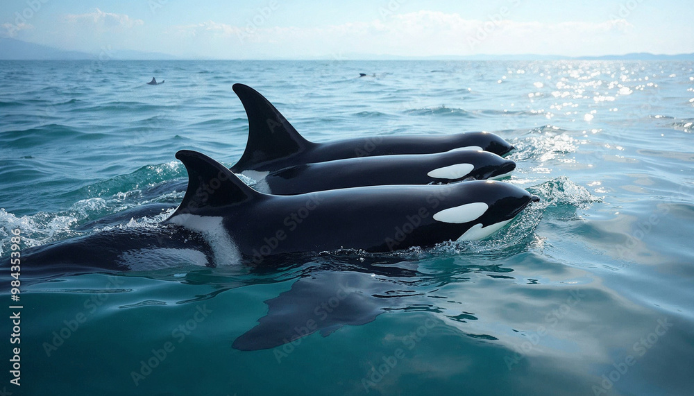 Fototapeta premium A pod of orcas swims gracefully through lightly rippled ocean waters under a clear sky. 