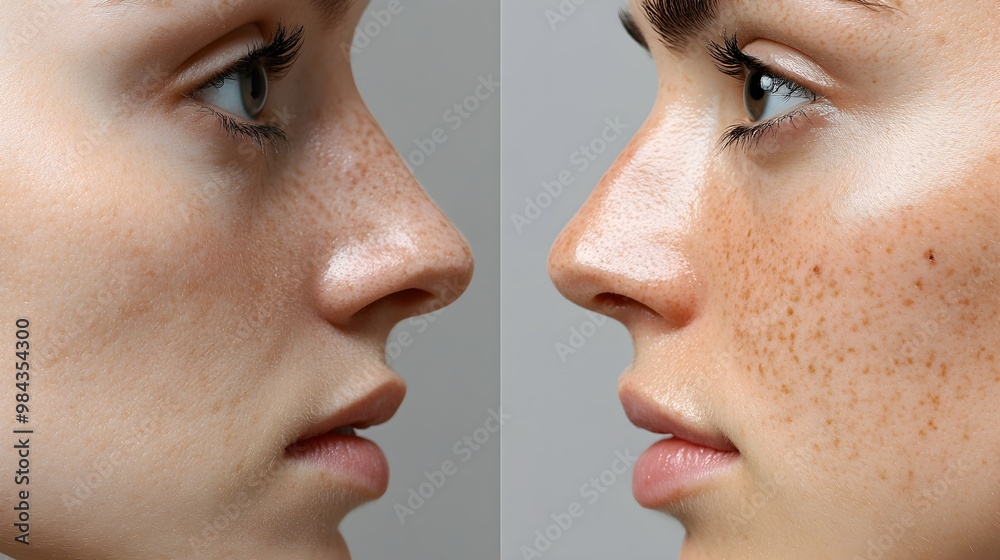 Obraz premium Deep pore cleansing transformation, featuring a patient's nose and chin with blackheads before, and smoother, blemish-free skin after treatment