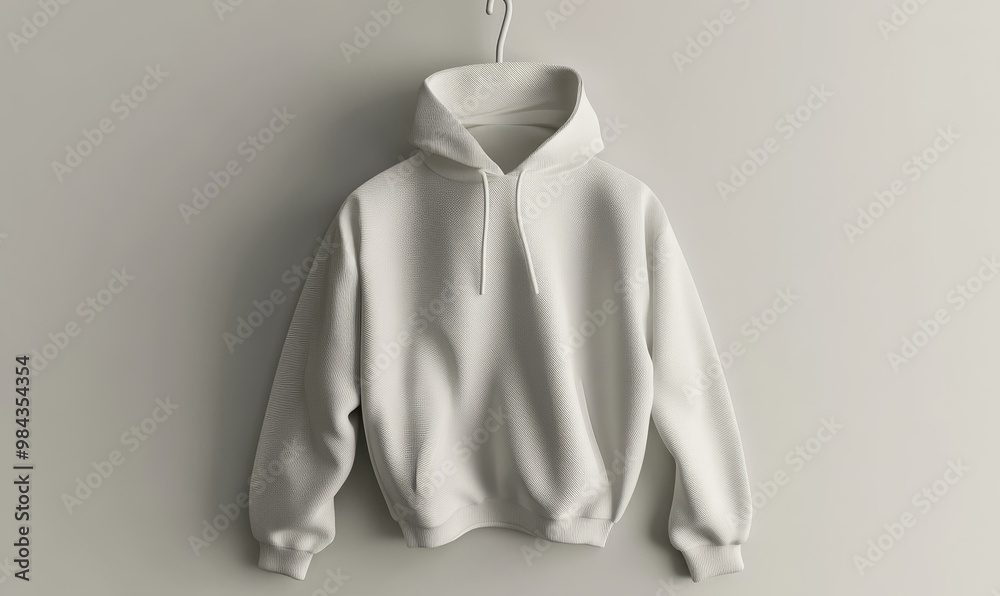A white hooded sweatshirt hangs on a hanger. A white hooded sweatshirt hangs on a hanger.