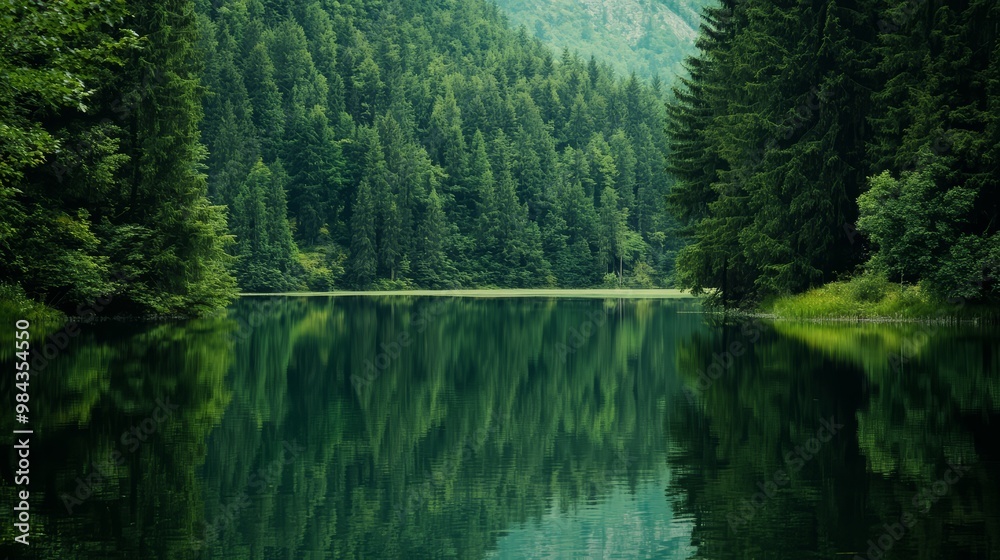 A calm lake surrounded by trees