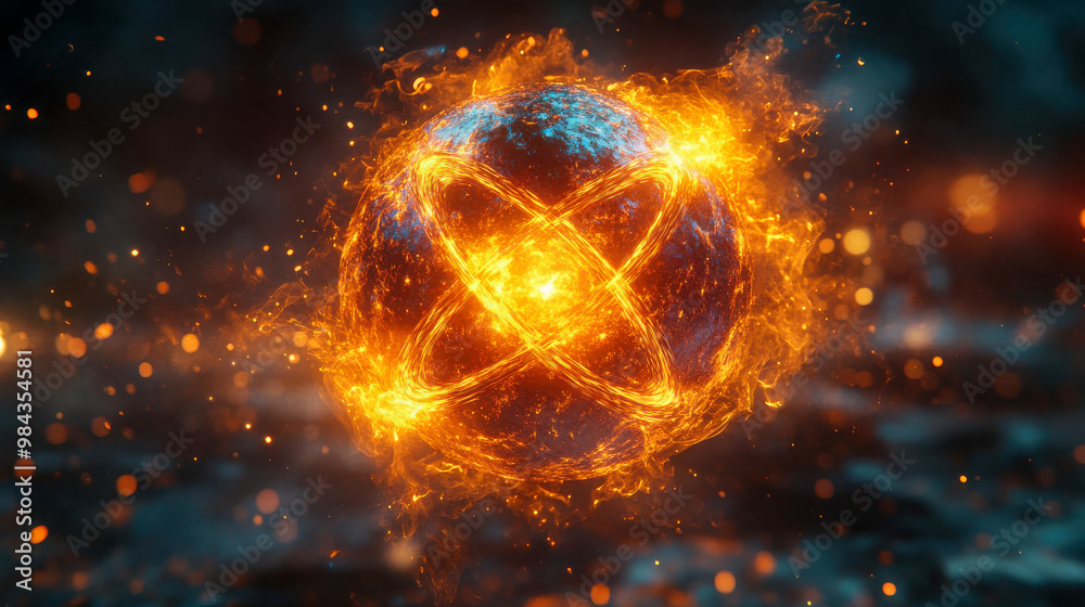 A glowing orange energy sphere with digital particles orbiting in a vibrant, abstract scene A glowing orange energy sphere with digital particles orbiting in a vibrant, abstract scene