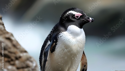 Southern rockhopper penguin perched on coastal rocks with a dramatic ocean backdrop