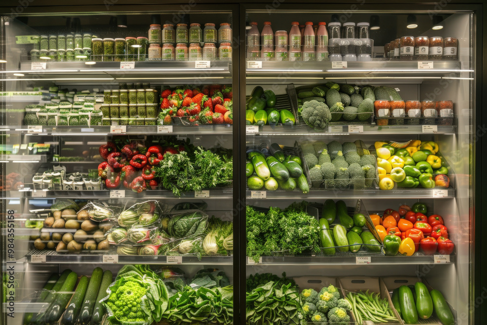 Fototapeta premium Fresh Produce in Grocery Store Refrigerator Display