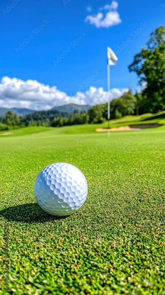 Fototapeta premium Golf Ball on Sunny Green Course with Flag in Background