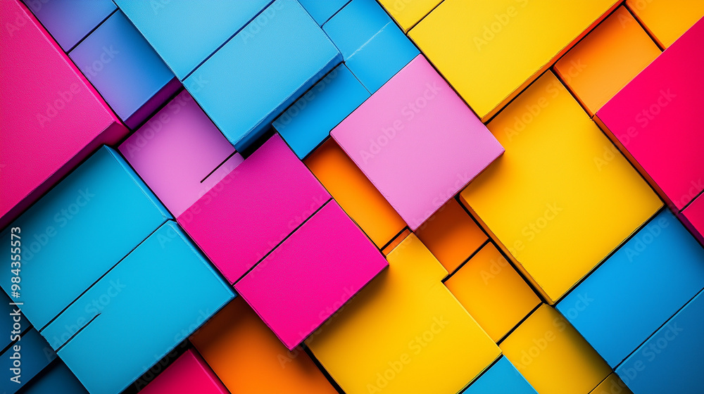 Bright Colorful 3D Geometric Blocks in Blue Pink and Yellow Arranged in Diagonal Patterns Bright Colorful 3D Geometric Blocks in Blue Pink and Yellow Arranged in Diagonal Patterns