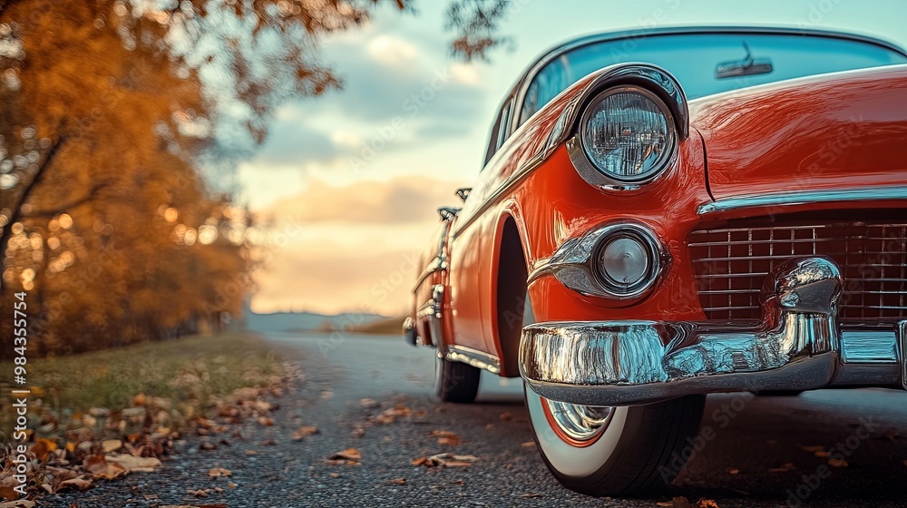 Classic Red Car with Chrome Trim on a Fall Road
