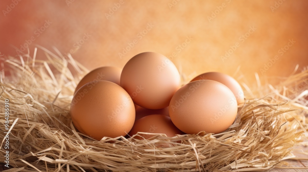 Six brown eggs rest gently atop a bed of straw, against a warm, orange backdrop, evoking rustic simplicity and abundance. Six brown eggs rest gently atop a bed of straw, against a warm, orange backdrop, evoking rustic simplicity and abundance.