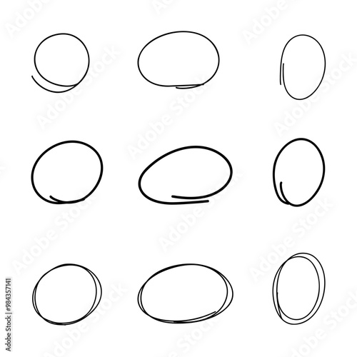 A set of circles, ovals, frames drawn by hand with a black marker in one line in doodle, comic style. A collection of sketch circles. Selection, circled. A graphic contour element for design 