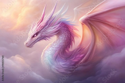 A majestic dragon soaring through a pastel sky, showcasing its vibrant colors and graceful form amidst fluffy clouds.