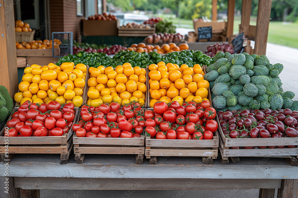 Fresh Produce Display at Farmers Market with Tomatoes Oranges Cabbages and More Fresh Produce Display at Farmers Market with Tomatoes Oranges Cabbages and More