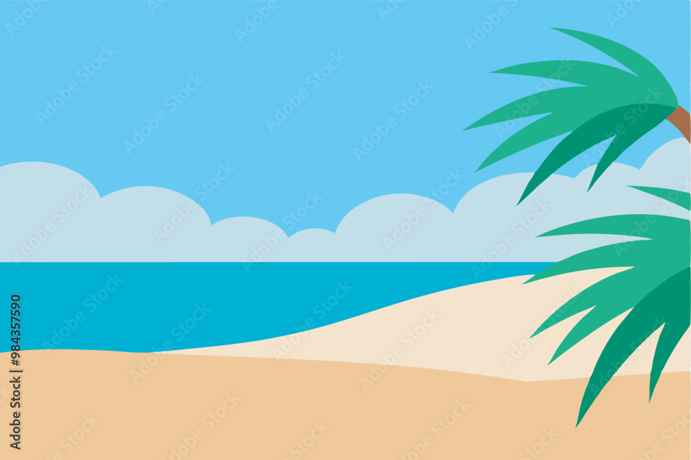 Calm beach scene with sandy shore, calm sea, palm trees, under blue sky. Calm beach scene with sandy shore, calm sea, palm trees, under blue sky.