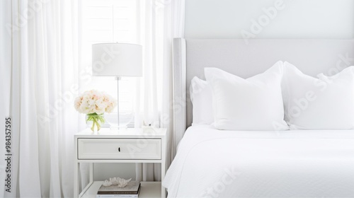 A chic, minimalist bedroom styled in white, featuring a plush bed, bedside table with a lamp, and a delicate floral arrangement, evoking elegance and peacefulness.