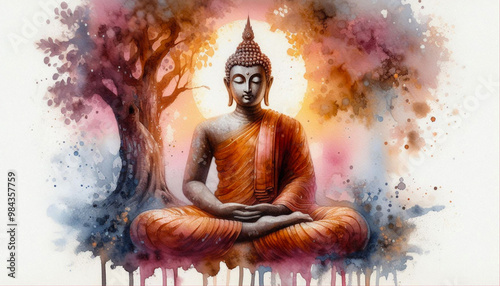 Wallpaper Mural colorful watercolor painting Meditating Buddha statue for meditation, religion, zen, peace, Buddhism related concept Torontodigital.ca