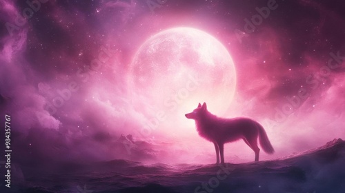 A mystical wolf silhouette against a vibrant pink moon, surrounded by swirling clouds and cosmic beauty.