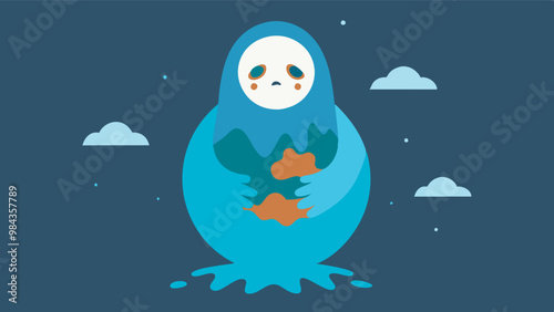 A baby Yeti emerges from a cracking eggshell in a dreamy, nighttime scene surrounded by stars and clouds, evoking a somber yet imaginative atmosphere.